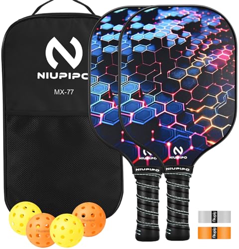 niupipo Pickleball Paddles Set of 2 or 4, USAPA Approved Fiberglass Pickleball Paddle Set with Balls and Bag, Polypropylene Honeycomb Core, Lightweight Pickleball Paddles for Beginners Men Women - color: Blue & Purple