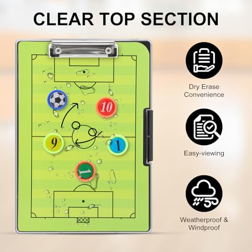 All-Weather Tactical Coaching Clipboard for Soccer & Basketball - Double-Sided Dry Erase Board with Magnetic Pieces, Markers, Eraser, Whistle & Storage Case | Perfect Coach Gift (Soccer) - style: Soccer
