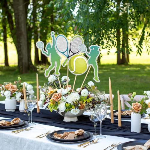16 Pcs Tennis Collection Table Toppers - Tennis Theme Birthday Table Centerpieces Sticks,Tennis Racket Ball Player Sport Themed Bday Party Supplies - color: Green