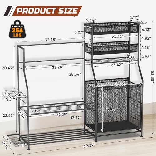 Garage Sports Equipment Organizer, 3 Golf Bag Organizer Stand Heavy-Duty Ball Storage Rack with Basket and Hooks, Ball Storage Cart for Toy Sports Gear Storage, Black