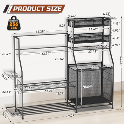 Garage Sports Equipment Organizer, 3 Golf Bag Organizer Stand Heavy-Duty Ball Storage Rack with Basket and Hooks, Ball Storage Cart for Toy Sports Gear Storage, Black