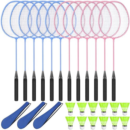 12 Pack Badminton Rackets Set Including Badminton Racquets, Nylon Shuttlecocks and Carry Bag for Outdoor Backyard Games Beginners - color: Light Pink, Light Blue