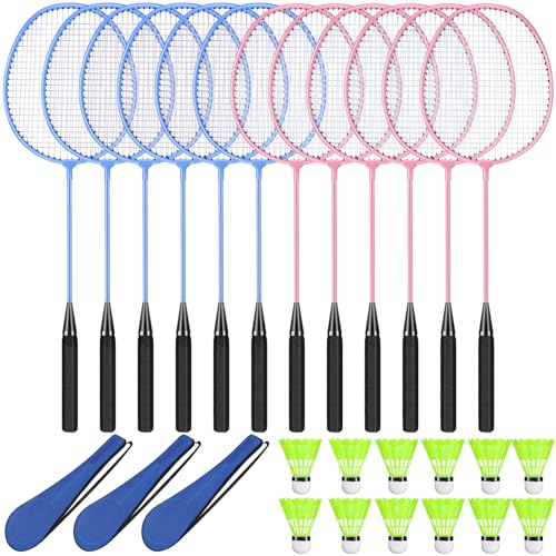 12 Pack Badminton Rackets Set Including Badminton Racquets, Nylon Shuttlecocks and Carry Bag for Outdoor Backyard Games Beginners - color: Light Pink, Light Blue