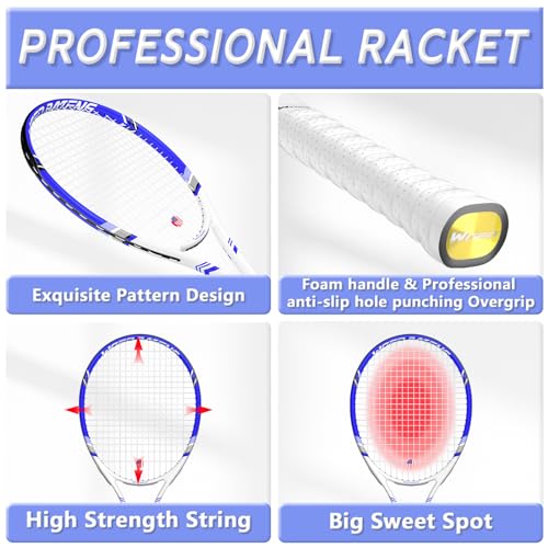 Pro Tennis Racket for Adults, 2 Player 27 inch Speed Tennis Racquet Acceptable for Beginner and Professional with 3 Tennis Balls, 2 Vibration Dampes, 2 Overgrips, Tennis Bag - color: Blue