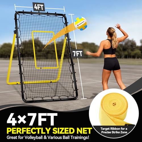 6-Angle Adjustable Volleyball Rebounder Net 7x4 ft with PU Volleyball and Stakes - Bounce Back Training Equipment for Practicing Volleying, Bumping, Spiking, Easy Set Up & Steady for Multi Sports - color: Black and Yellow