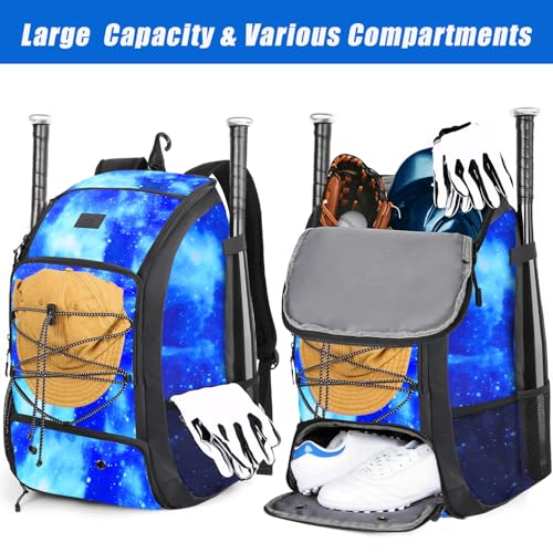 MATEIN Baseball Backpack, Softball Bat Bag with Shoes Compartment for Youth, Boys and Adult, Lightweight Baseball Bag with Fence Hook Hold TBall Bat, Batting Mitten, Helmet, Caps, Teeball Gear - color: Galaxy Blue, size: 47L
