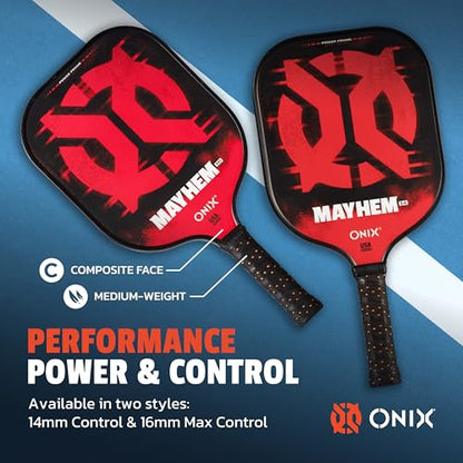 Onix Mayhem Patented ThermoFused Technology Carbon Fiber Power Frame Polypropylene Honeycomb Core Performance Power and Control Pickleball Paddle – 14mm or 16mm