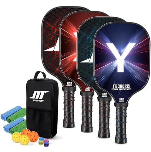 Elongated Pickleball Paddle, Lightweight Pickleball Paddle Set of 4, 4 Fiberglass Paddles & 4 Pickleball Balls & 4 Towel & 4 Grip Tape & Portable Bag, Family & Friends
