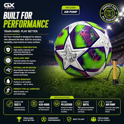 GX Professional Size 5 Soccer Ball. Textured, All-Terrain Training & Competition Ball with Air Pump & Needles. Perfect for Practice, League & Competitive Matches. Women Soccer League 2025