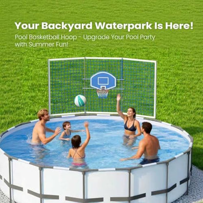 ECOPOOLTECH Pool Basketball Hoop with Backstop Net for Round Above-Ground Pools Only, Height Adjustable Thick PVC Backboard, Sturdy Stainless Steel Frame, Includes Basketball and Pump. - color: Light Blue