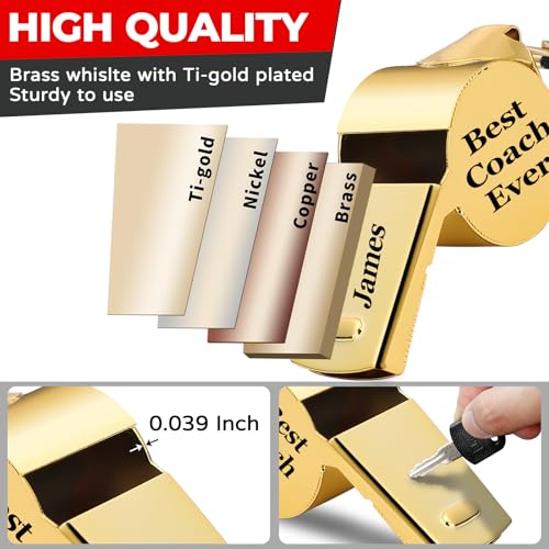 Personalized Whistle for Coach, Silver Whistle Personalized with Lanyard, Appreciation Gift for Referee, Coach, Teacher - color: Gold