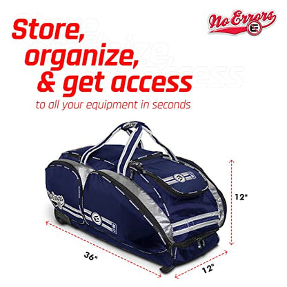 No Errors NO E2 Wheeled Catchers Gear Bag - Large Baseball and Softball Bag for Catcher’s Equipment with Fatboy Wheels - color: Navy