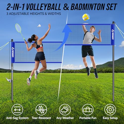 Outdoor Volleyball Net System for Backyard, Adjustable Height (5.1–8FT) & Width (20–32FT), Anti-Sag Tension System, 2-in-1 Badminton Combo Set with Carry Bag, Rackets & Shuttlecocks - color: Blue