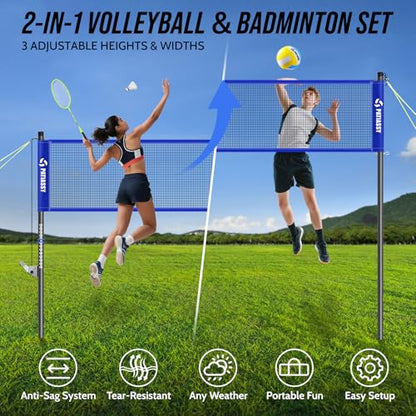 Outdoor Volleyball Net System for Backyard, Adjustable Height (5.1–8FT) & Width (20–32FT), Anti-Sag Tension System, 2-in-1 Badminton Combo Set with Carry Bag, Rackets & Shuttlecocks - color: Blue