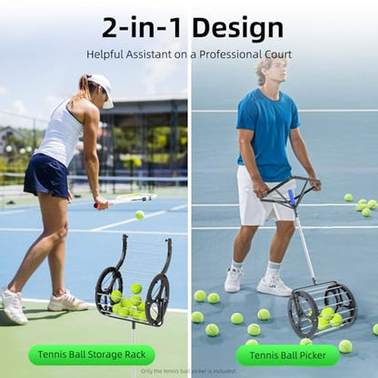 Tennis Ball Hopper, 80 Balls Capacity, Height Adjustable Tennis Ball Picker Upper, Rolling Collector Basket for Tennis Coaches and Players