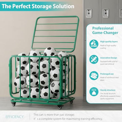 Ball Storage Cart Rolling Basketball Rack with Wheels & Lid Rolling Storage Bin for Gyms Schools Clubs Indoor and Outdoor