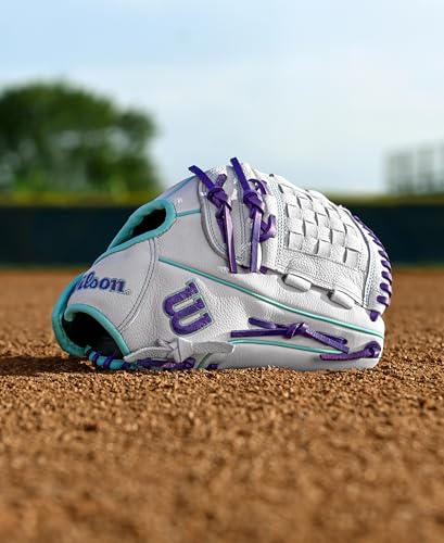 Wilson 2026 A500 Siren Fastpitch Softball Gloves - color: White/Seafoam/Purple, size: Infield/Pitcher: 12"