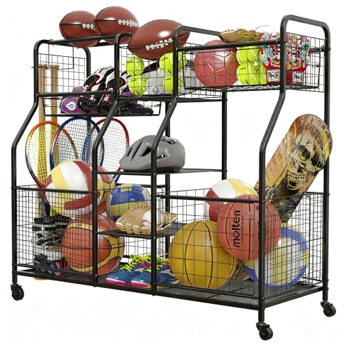 Garage Sports Equipment Organizer with Wheels - Ball Storage Rack with Elastic Rope or Wire Mesh,Garage Organizer System,Indoor/Outdoor Sports Rack for Sports Gear and Toys Storage,Black - style: On Wheels