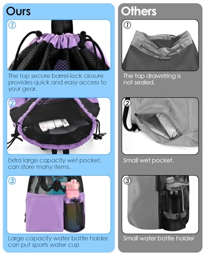 BROTOU Swim Bag Beach Backpack with Wet Pocket Mesh Drawstring Bags for Swimming, Gym - color: Purple