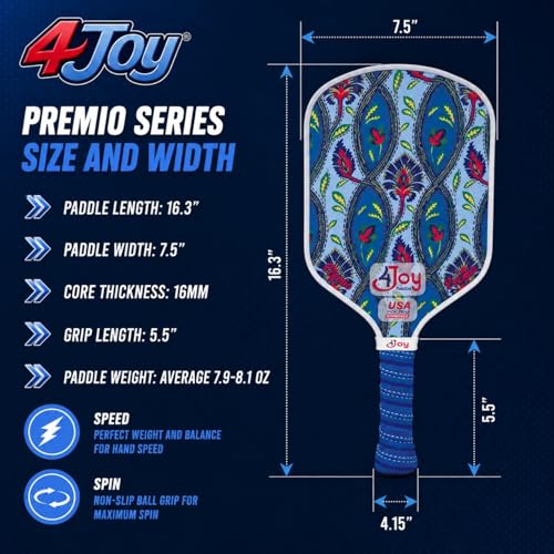 4Joy Pickleball Paddle Premio Series - Thermoformed Premium T700 Carbon Fiber Pickleball Paddless - Professional Pickleball Rackets for Women & Men - 16mm Honeycomb Core - USAP Approved - style: Union Pack: Damask