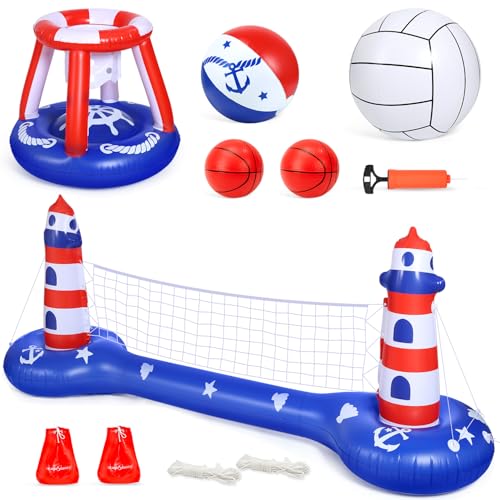 EagleStone Pool Volleyball Net &Basketball Hoop Inflatable Pool Floats Toys Swimming Water Games for Adults and Kids 8-12 Teens Volleyball Court Poolside Floaties - color: Blue