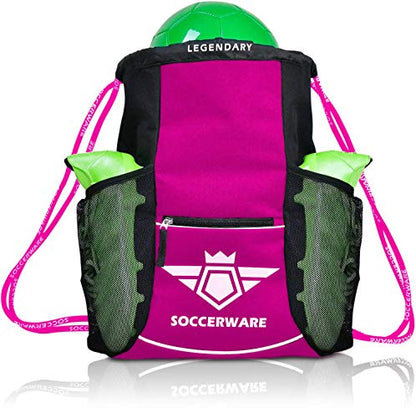 Soccerware Soccer Bag Backpack - Youth & Kids, Organize Sports Gym Equipment - Boys Girls - color: Pink