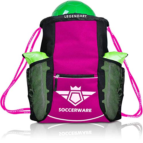 Soccerware Soccer Bag Backpack - Youth & Kids, Organize Sports Gym Equipment - Boys Girls - color: Pink