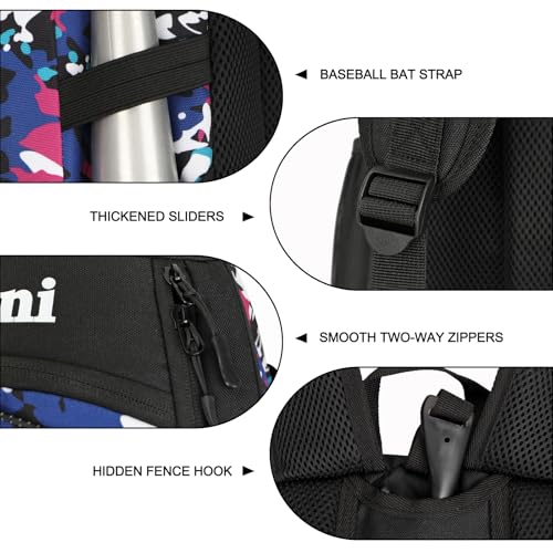 Goloni Youth Baseball Bag,Baseball Backpack with Shoes Compartment,Softball Bag with Fence Hook for T-Ball Bat & Equipment - color: Camouflage Blue