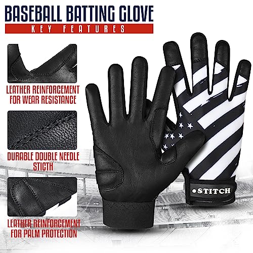 Batting Gloves - American Flag & USA Flag Baseball & Softball Gloves for Youth, Adult & Unisex - color: Black Waving Flag, size: Youth Medium