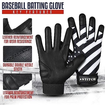 Batting Gloves - American Flag & USA Flag Baseball & Softball Gloves for Youth, Adult & Unisex - color: Black Waving Flag, size: Youth Small