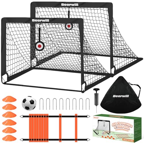 Bearwill Soccer Goal, Kids Soccer Goals for Backyard Set of 2, 4x3ft Portable Soccer Goal Pop Up Soccer Net, Kids Soccer Net Training Equipment with Soccer Ball, Ladder, Cones, Targets - color: Black