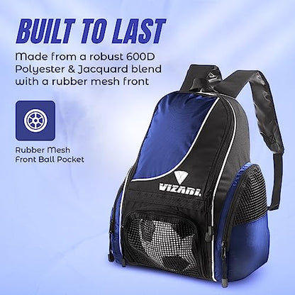 Vizari Solano Soccer Backpack With Ball Compartment and Vented Ball Pocket and Mesh Side Cargo Pockets for Adults and Teens - color: Navy