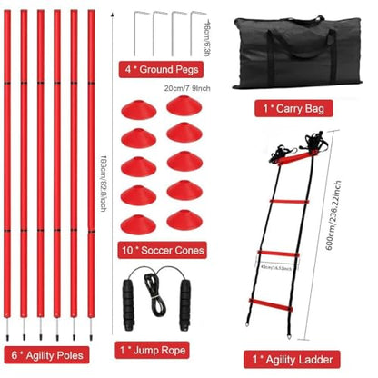Soccer Agility Training Equipment, 6 Adjustable Soccer Training Agility Poles, 1 Speed Agility Ladder,10 Soccer Agility Cones for Training, 1 Jump Rope + Storage Bag for Youth Soccer Drills - color: red