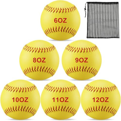 Jenaai 6 Pcs Weighted Training Baseballs Bulk 6oz to 12oz Weighted Softballs with Drawstring Bag for Hitting, Pitching Practice Strength Development