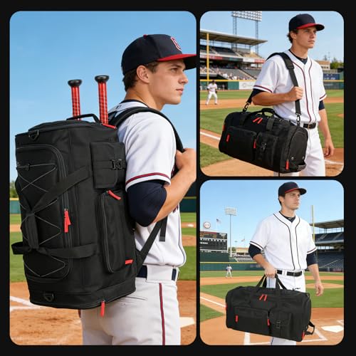 Large Baseball Duffle Bag Softball Backpack for Adult & Youth, 65L Spors Gym Duffel Equipment Bag with Shoe Compartment and Bat Holder, Catchers Gear Bag Fits Batting Mitten, Tball Gear, Helmet - color: Black