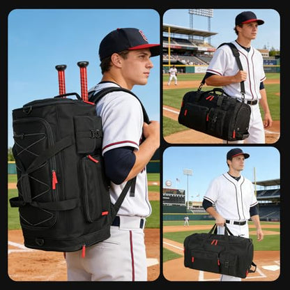 Large Baseball Duffle Bag Softball Backpack for Adult & Youth, 65L Spors Gym Duffel Equipment Bag with Shoe Compartment and Bat Holder, Catchers Gear Bag Fits Batting Mitten, Tball Gear, Helmet - color: Black