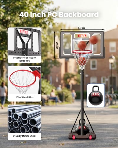 IGL Portable Basketball Hoop, 5.6-10FT Adjustable Basketball Goal System, 40/44 Inch Outdoor Basketball Hoop & Goals for Kids, Youth, and Adults in The Backyard, Driveway with PC Backboard