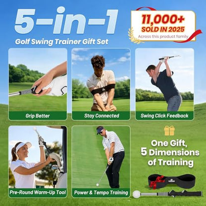 5-in-1 Retractable Golf Swing Trainer, Training Aid with Grip Trainer, Swing Mechanics for Beginners & Tempo Training for Advanced, Click Feedback, Arm Connection, Right/Left-Handed, Indoor/Outdoor - style: Left-Handed Golf Swing Trainer