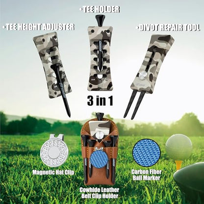 SANDIAN, All-in-1 Value Pak, Adjustable Golf Tee Height Setter with Divot Tool, Genuine Carbon Fiber Made Pitchfork, Super Lightweight, T800 Ball Marker, Hat Clip, Tees, Leather Holster, Zipper Case - color: Camouflage Full