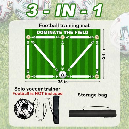Football Footstep Training Mat, Soccer Training Mat 35 * 24IN, Soccer Skills Training Equipment with Storage Bag and Soccer Return Trainer Net (Green-White)