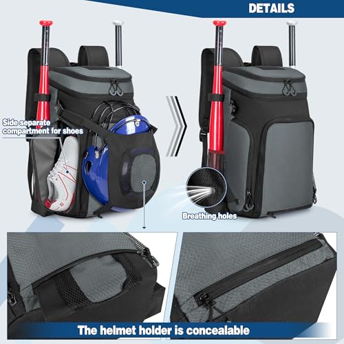 Smasrob Baseball Bag for Adult and Youth, Baseball Backpack Softball Bag with Helmet Holder, Shoe Compartment and Fence Hook - color: Gray
