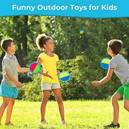Kids Toys - Outdoor Games, Beach Toys, Toss and Ball Set with 4 Paddles and 3 Balls, Perfect Beach Games Sets Playground Sets for Backyards Easter Gifts for Kids/Adults/Family (Blue+Light Yellow)