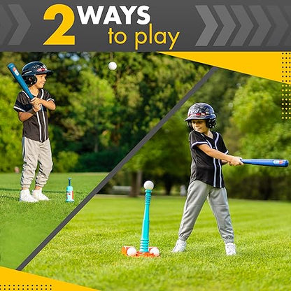 T Ball Stand for Kids and Toddlers 1-3, 3-5, 5-8. Baseball Set Includes 6 Large Balls, an Adjustable Tball Batting Tee, and a Pitching Machine. Kids Bat and Ball, T-Ball Sets for Kids - style: BLUE T BALL