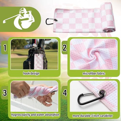 Liliful Woman Golf Accessories Kit Include 19.69 x 15.75 Inches Microfiber Waffle Golf Towel and Club Groove Cleaner Brush for Woman Gifts - color: Pink Checked