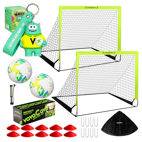VavaCava 4'x3' Kids Soccer Goal Set, 2 Portable Pop Up Soccer Goals for Backyard, 2 Size 3 Balls, 10 Cones, Pump, Carry Bag, Little Monster Keychain & SGS Certificate, Toddler Soccer Net