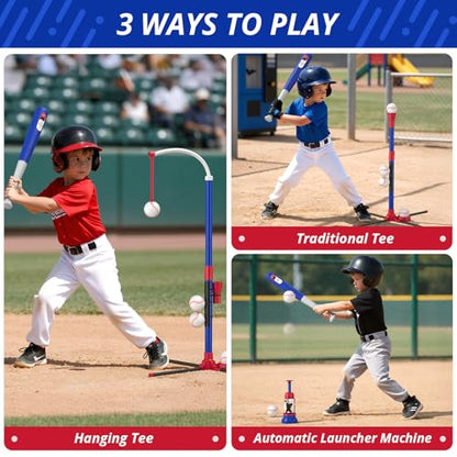 HYES 3-in-1 Baseball Set for Kids 3-5 - Tee Ball Stand, Hanging Tee, Ball Launcher and 6 Softballs - Adjustable Height, Indoor/Outdoor Sport Gifts for Boys Girls, Blue