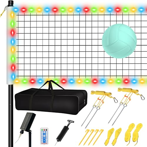 LED Volleyball Net Outdoor, Professional Light Up Volleyball Net with Solar Rope Light, 32x3ft Portable Heavy Duty Volleybal Net Set with Glow in The Dark Volleyball & Carry Bag for Backyard, Beach