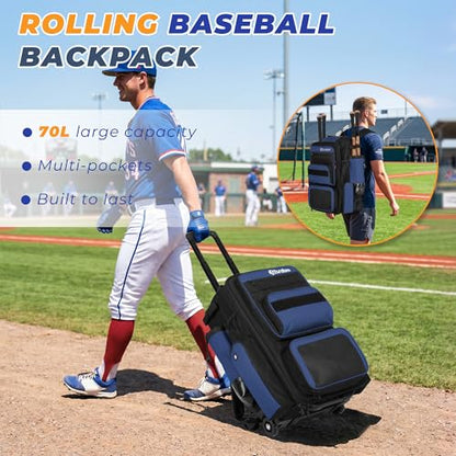 Rolling Baseball Bag with Wheels, 70L Large Capacity Baseball Backpack with Hidden Shoulder Strap, Sturdy Softball Bag with Multi-Pockets, Shoe Compartment, Fence Hooks for Players, Coaches - color: Blue