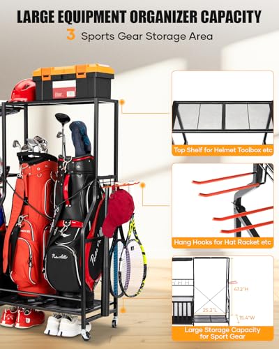 EXTCCT Garage Sports Equipment Organizer with Wheels - Golf Bag Storage Rack and Ball Storage Bins, Heavy Duty Rolling Garage Organizer System with Basket and Hooks for Indoor (Black-Large)