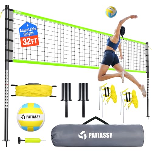 Outdoor Volleyball Net Set for Backyard & Beach, 32FT Regulation Size, Easy Setup Adjustable Height Poles, Portable Net System with PU Volleyball, Pump & Carry Bag - color: E-Green